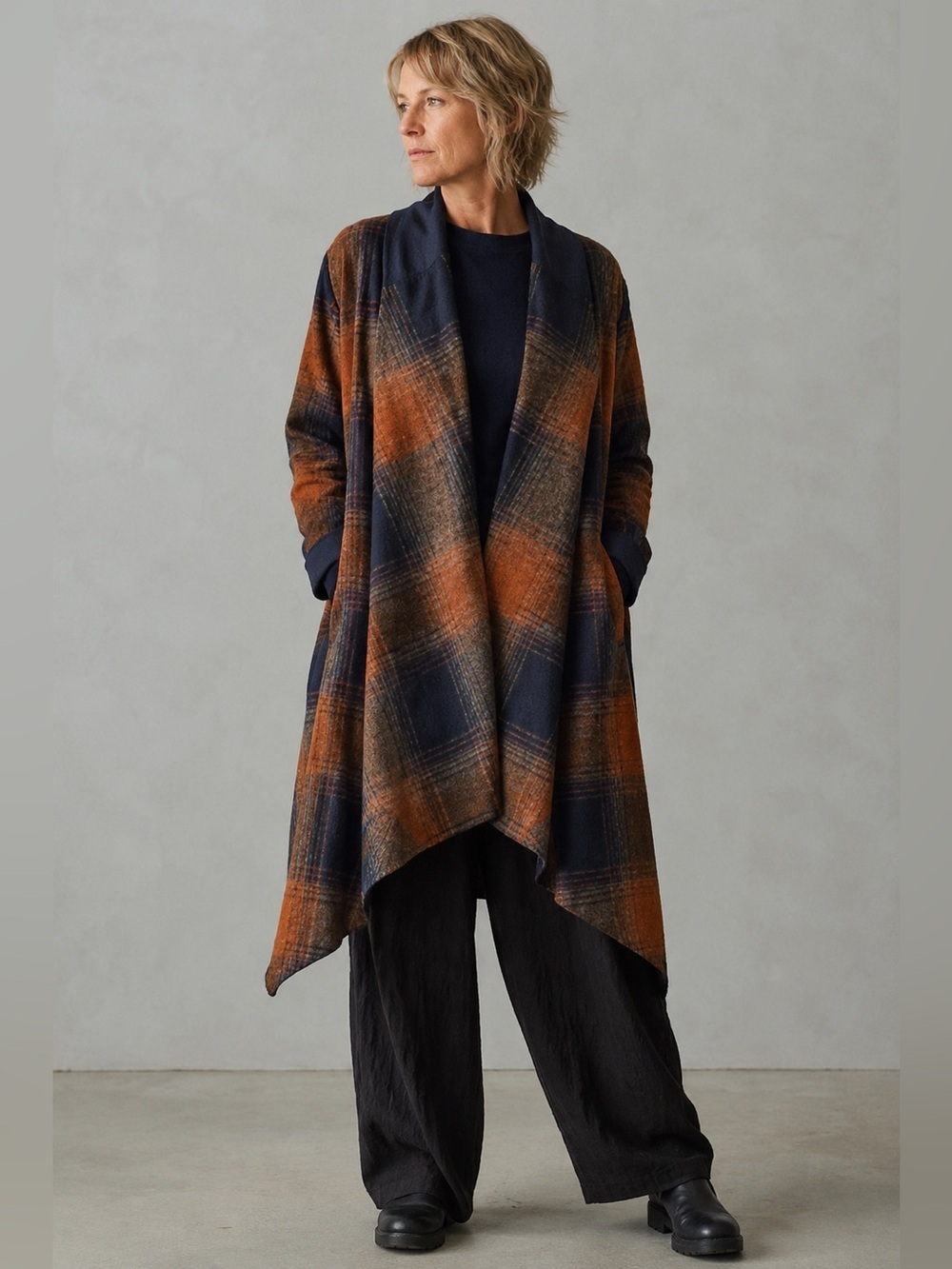 Elemente Clemente Womens Duster Jacket Sz 2 M Blue Brown Wool Plaid Lagenlook